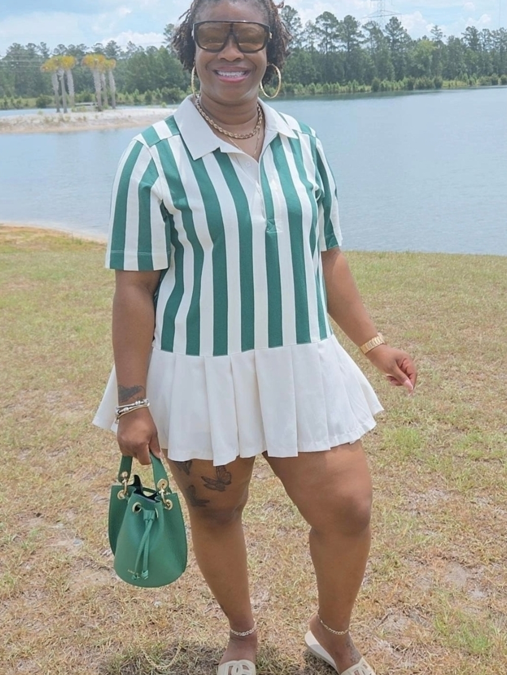 Green and White Striped Polo Tunic with Pleated Hem